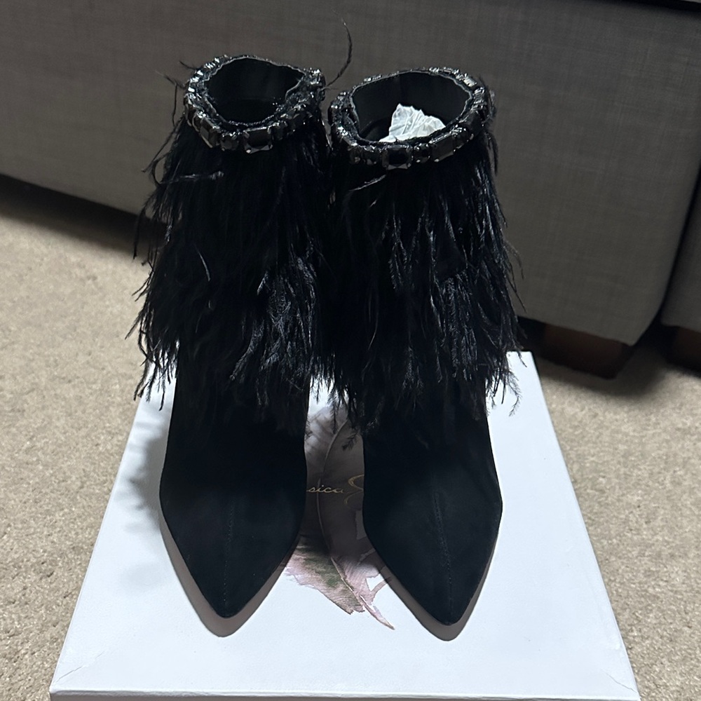 Jessica Simpson Black Feathered Heeled Boots